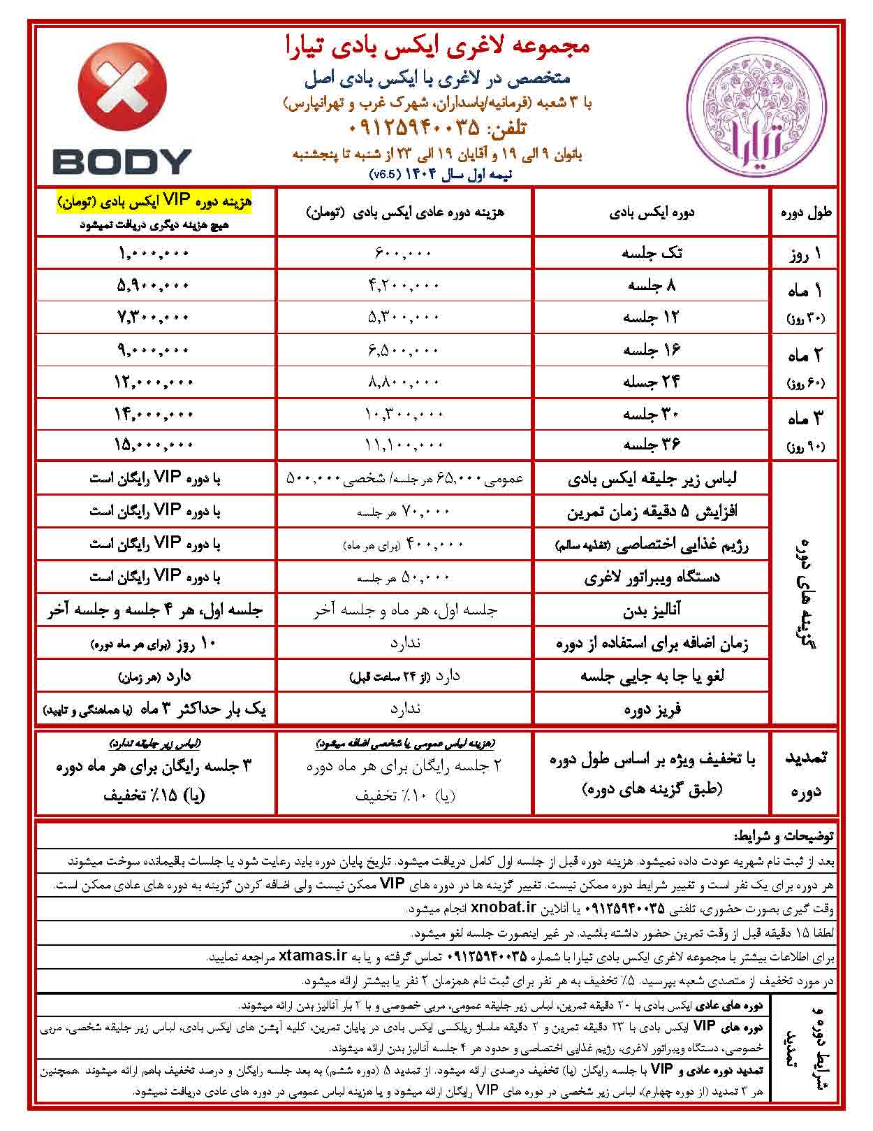 لیست قیمت مجموعه لاغری ایکس بادی تیارا